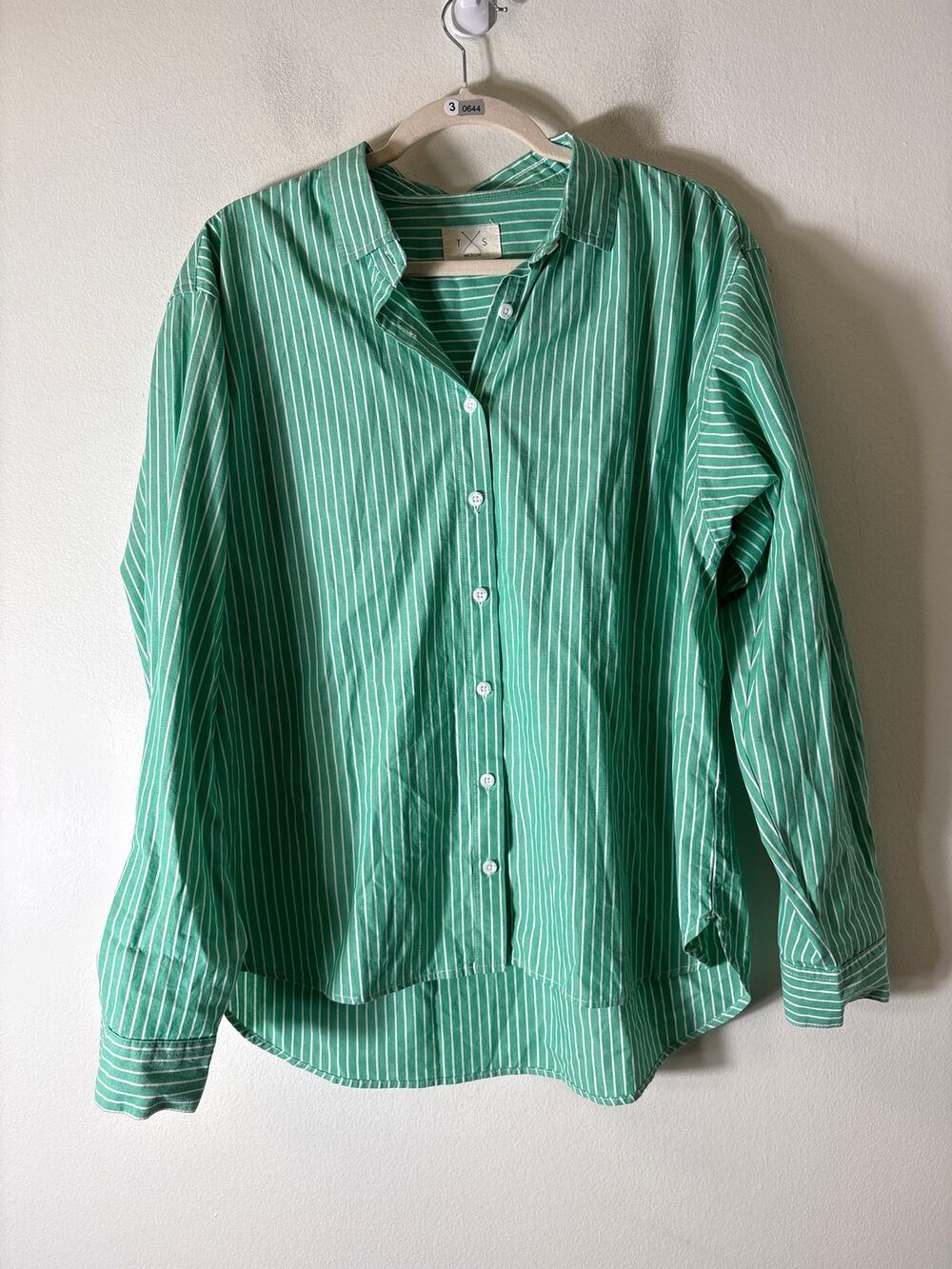 T X S /Thread and Supply Green and White Stripe Button Up Collard Shirt Sz M
